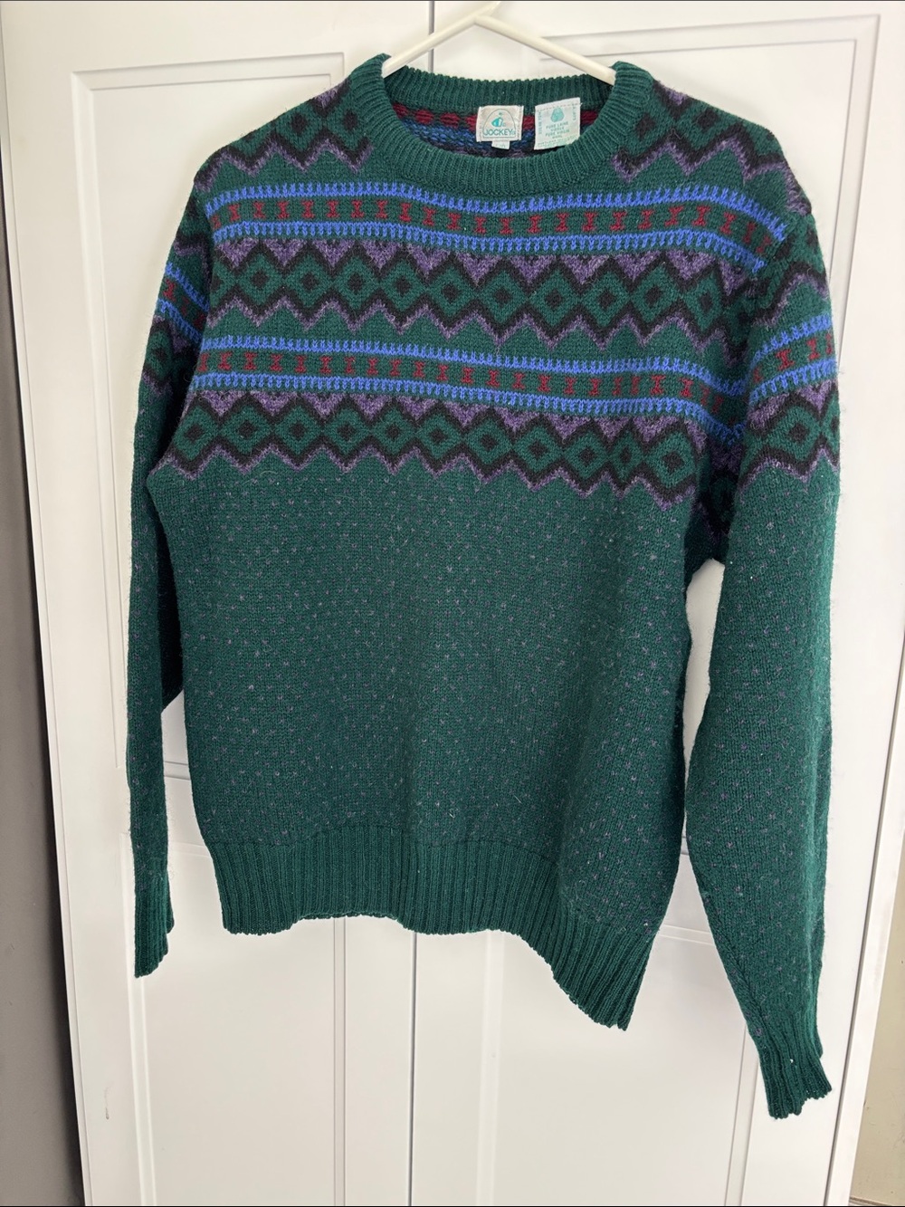 Jockey Forest Green Fair Isle Crewneck Sweater with Blue & Purple Accents